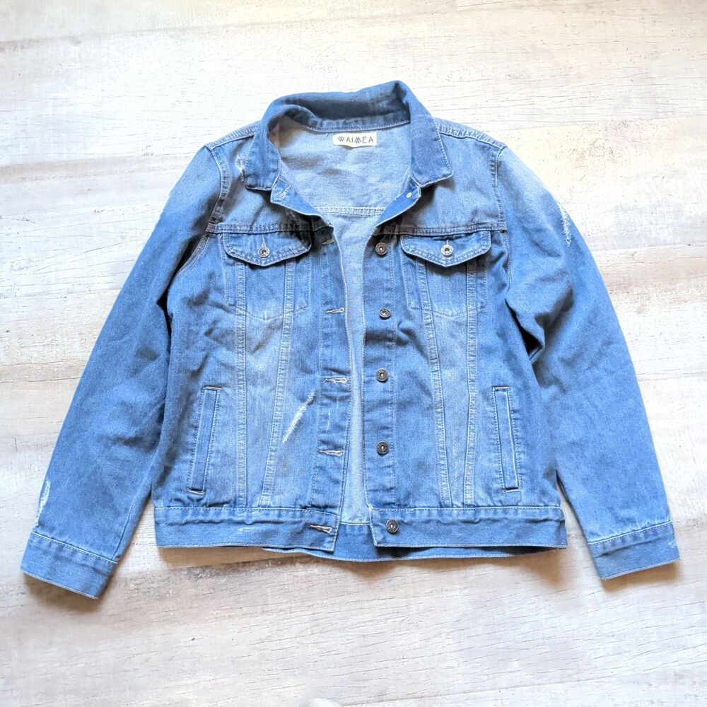 Waimea Men's Denim Jacket Size Large Distressed Light Wash Cotton Blue Trucker